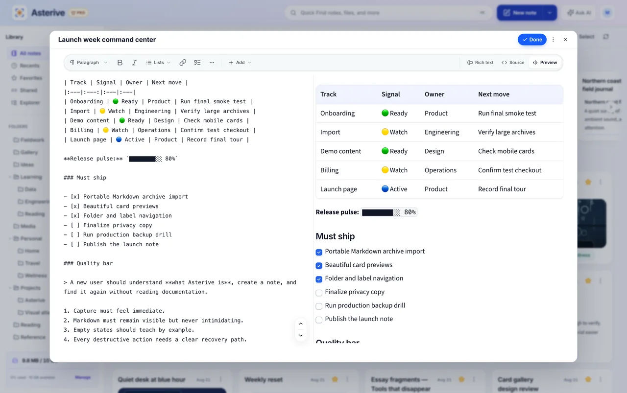 Asterive showing Markdown source and preview side by side